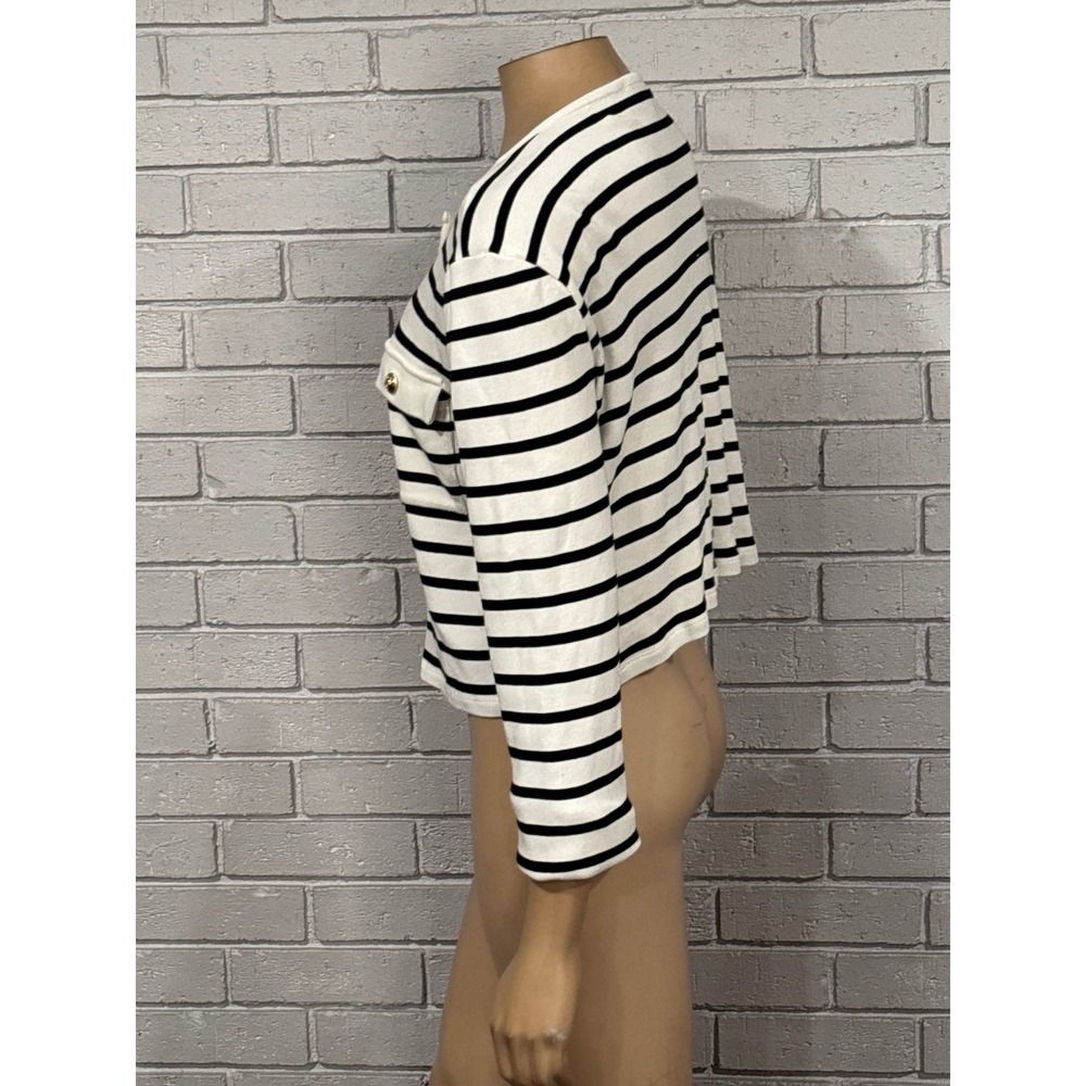 LOFT Women's Striped Knit Cardigan Gold Button Front Black White Size L - Picture 5 of 7